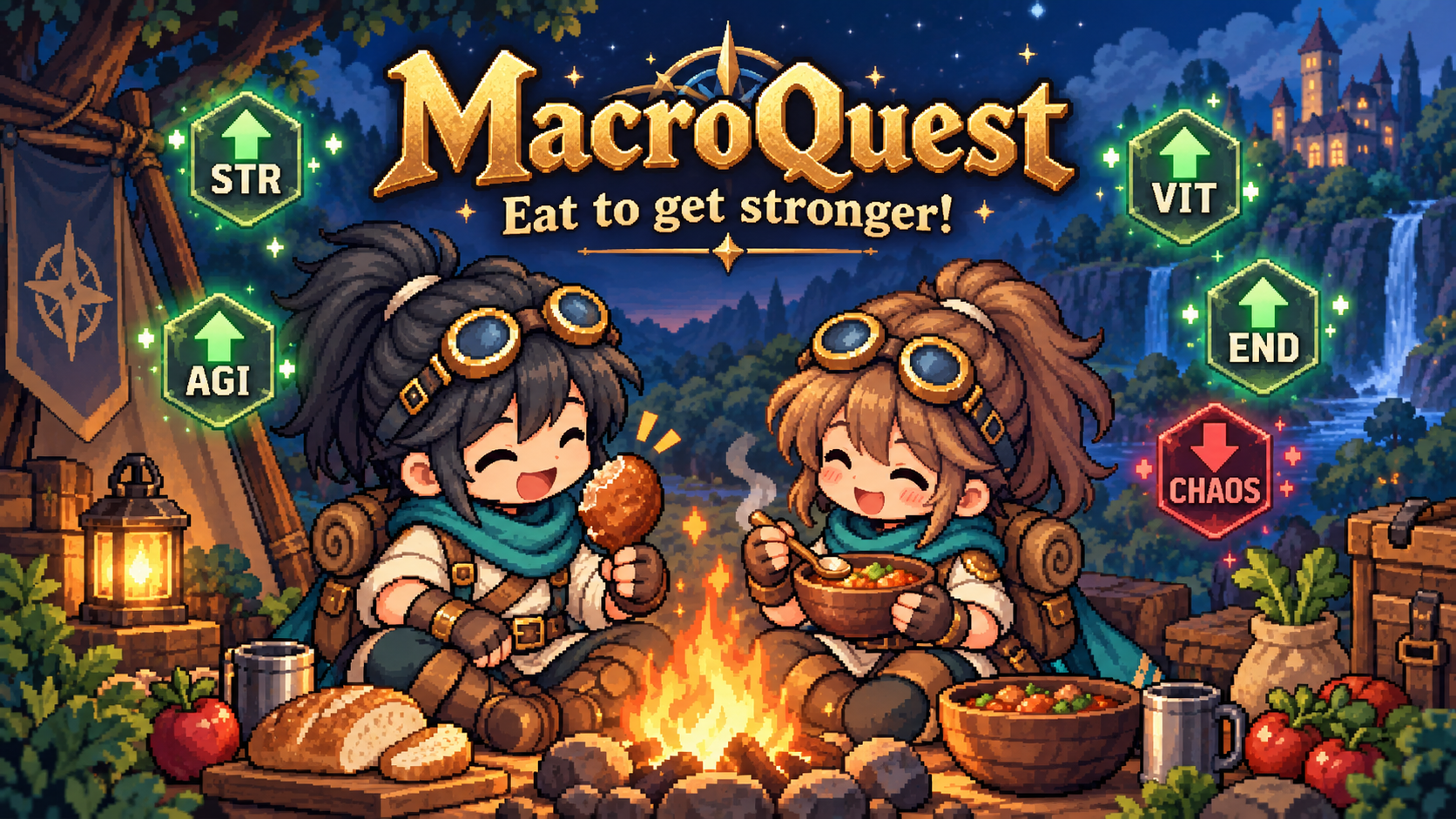 MacroQuest adventurers sharing a meal while their stats increase